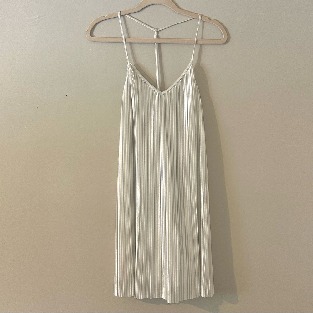Stone Row Silver White Metallic Pleated Midi Dress Small